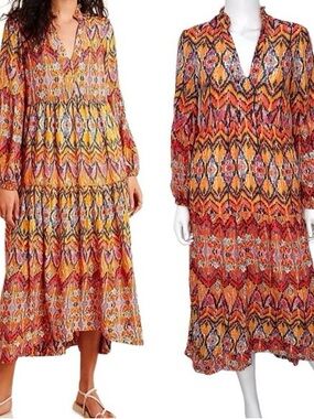 Anthropologie Maeve Tamarind Tiered Maxi Dress ikat multicolor print Boho sz XS